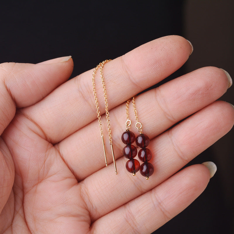 Pendientes largos con hilo de oreja de plata esterlina S925 para mujer con temperamento de cera de abejas, ámbar y sangre natural