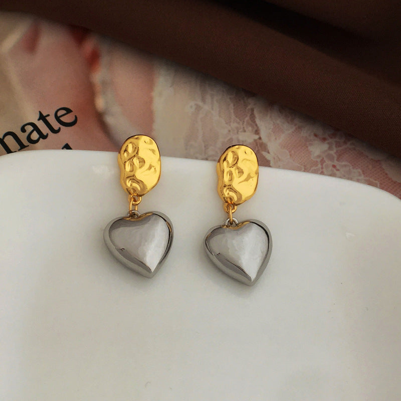 [DF]S925 silver needle personality contrast love heart type earrings fashion trendy cold style earrings simple earrings