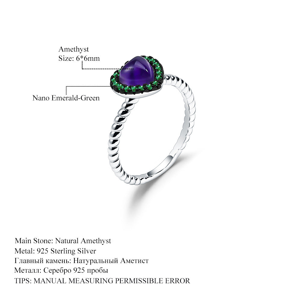 Natural amethyst love ring fashion design s925 sterling silver inlaid with gem ring