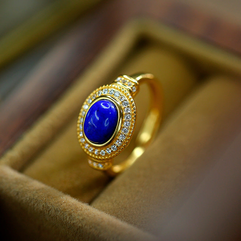 S925 Silver Inlaid Lapis lazuli Ring with Gold Plating Versatile