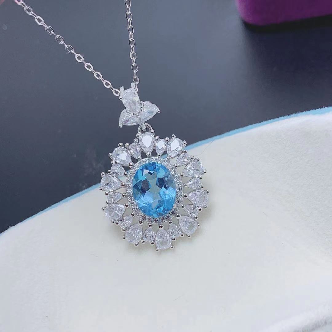 925 silver plated natural blue Topaz European ring pendant set for women