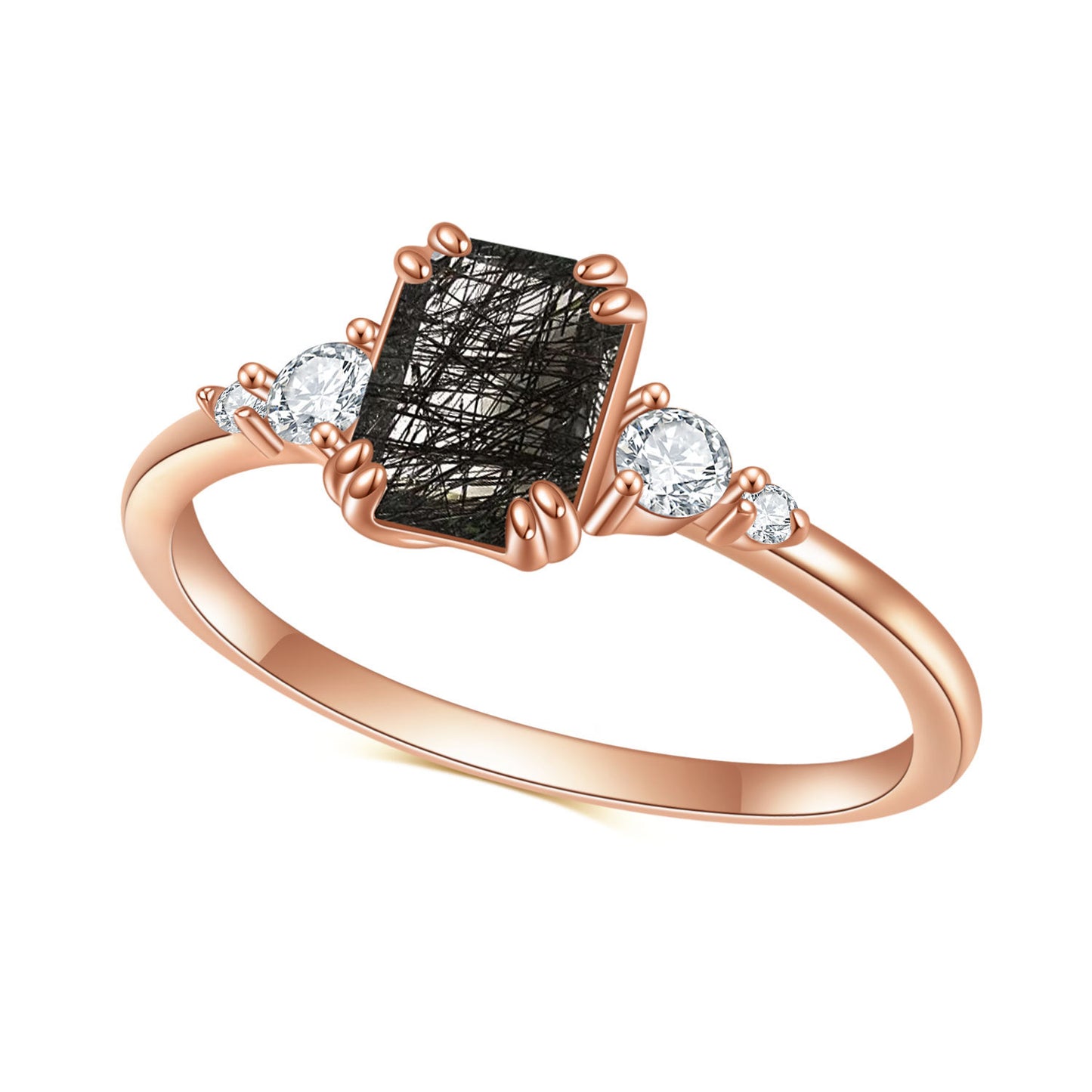 Bague en argent sterling S925 avec pierre de lune naturelle et cristal de cheveux noirs, bague en or rose à la mode et élégante, de luxe avec pierres précieuses légères