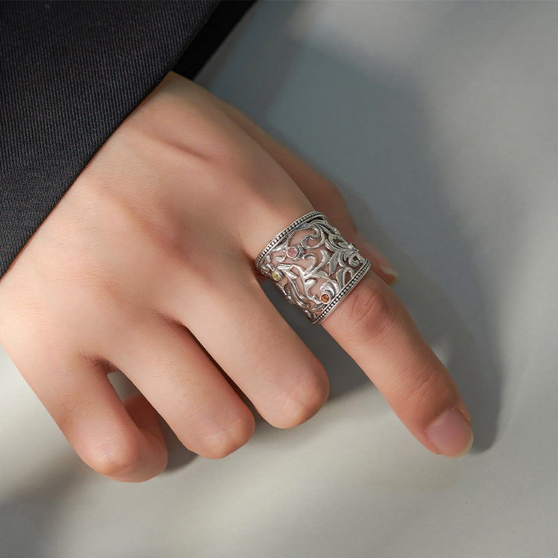 Bague à large face en argent S925, trésor, sculptée et ajourée, bijoux exagérés pour hommes et femmes