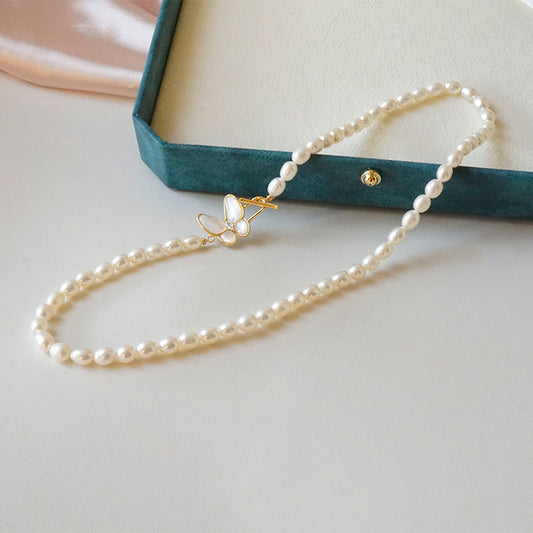 "Butterfly Clasp" 4-5mm Rice Grain Freshwater Pearl Necklace - Vintage and Elegant Sweater Chain, Exuding Sophisticated Charm, Ideal Gift for Women.