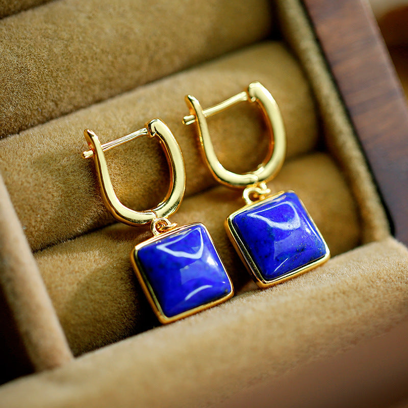 S925 silver plated gold inlaid lapis lazuli block geometric earrings, simple and versatile earrings