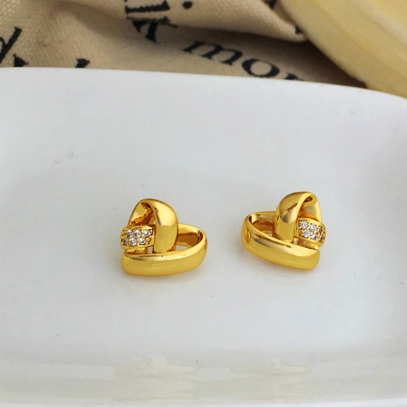 [DF] Pendientes con diseño de nudo de temperamento con aguja de plata S925 chapados en oro genuino de cobre, pendientes con estilo de inserción de amor, pendientes de circonita