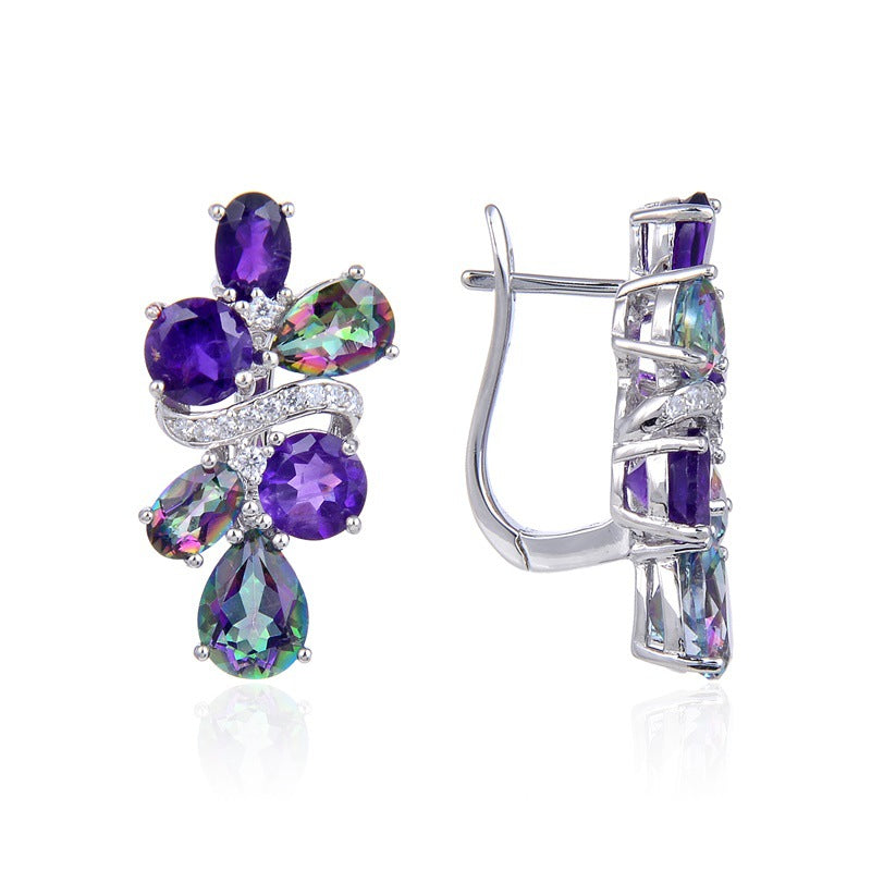 Boucles d'oreilles en argent s925 avec pierres précieuses colorées incrustées de personnalité