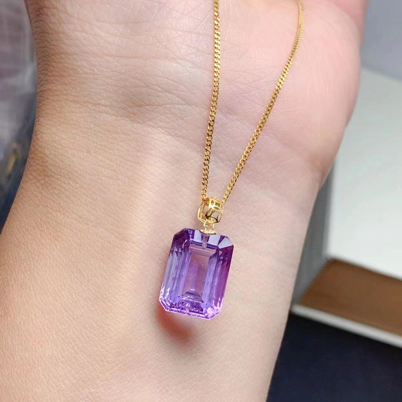 Natural Brazilian amethyst pendant 18k gold studded necklace