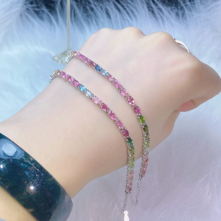 S925 silver inlaid natural tourmaline bracelet female, rainbow candy jewelry