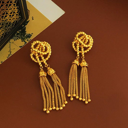 [DF]Pendientes con diseño de nudo creativo de aguja de plata S925 bañados en cobre y oro genuino con borlas de hilo vintage y pendientes largos