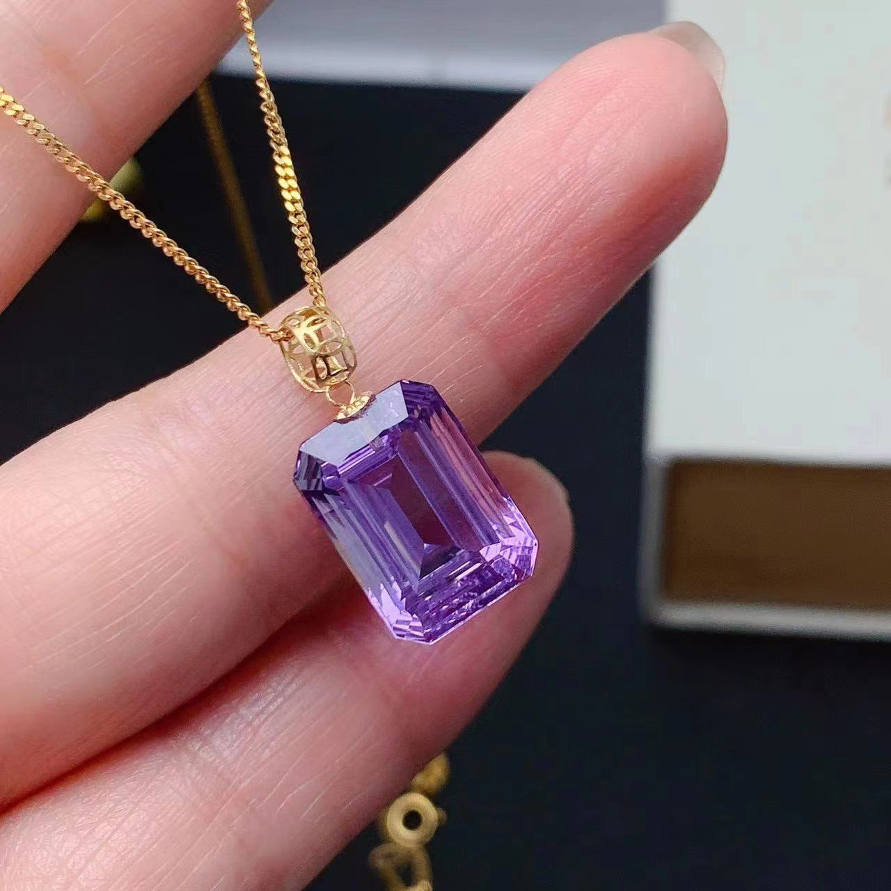 Natural Brazilian amethyst pendant 18k gold studded necklace