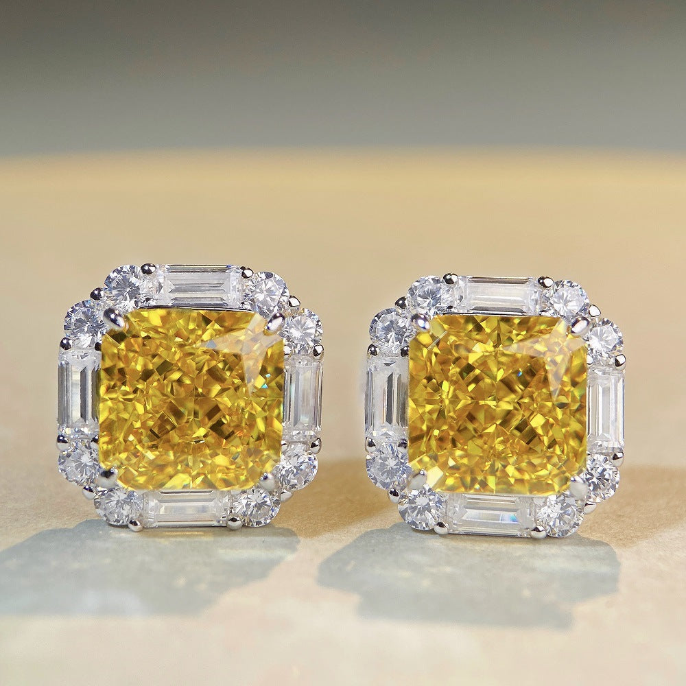 8A Ice Flower Cutting Earrings S925 Silver New Yellow Diamond Full Diamond Zircon