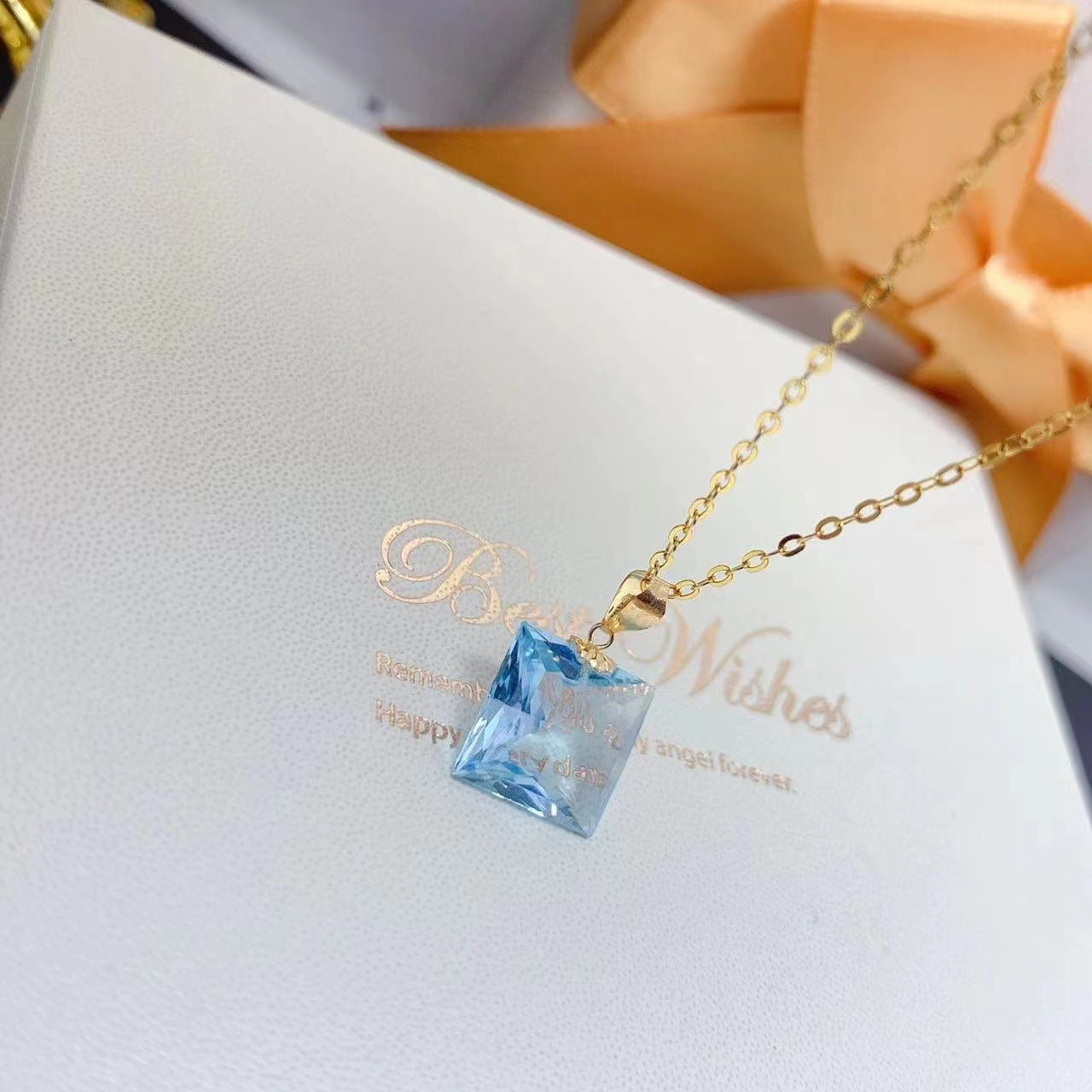 [DF]Princess Cut Natural Blue Topaz Pendant - 18K Gold Clasp, Minimalist Collar Necklace