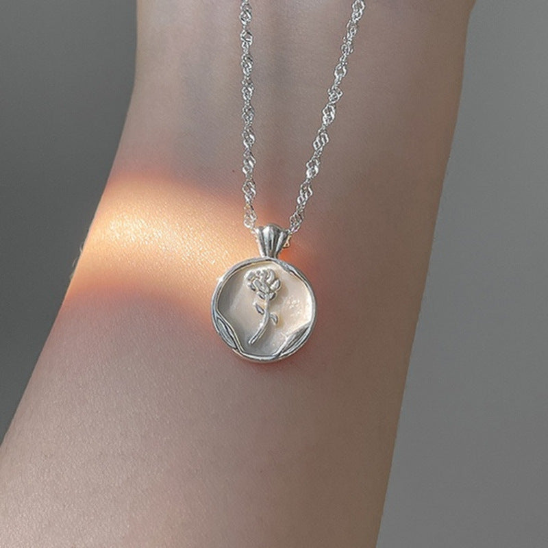 [DF]Collier médaillon floral rose française - Argent sterling S925, design élégant et unique, chaîne de clavicule, collier chic et sophistiqué