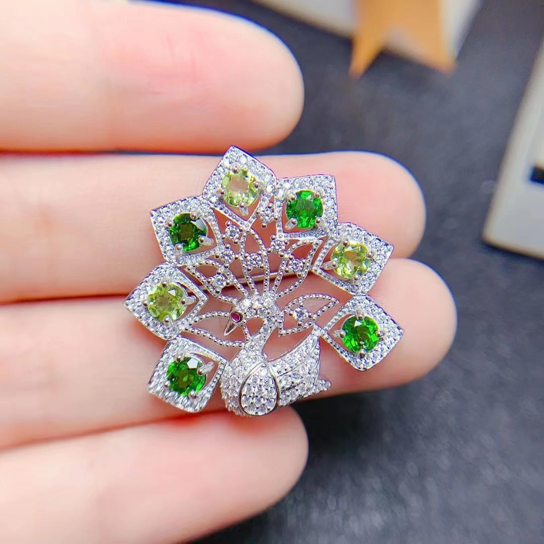 New pendant brooch dual-purpose 925 silver set natural peridot diopside necklace brooch drop-off