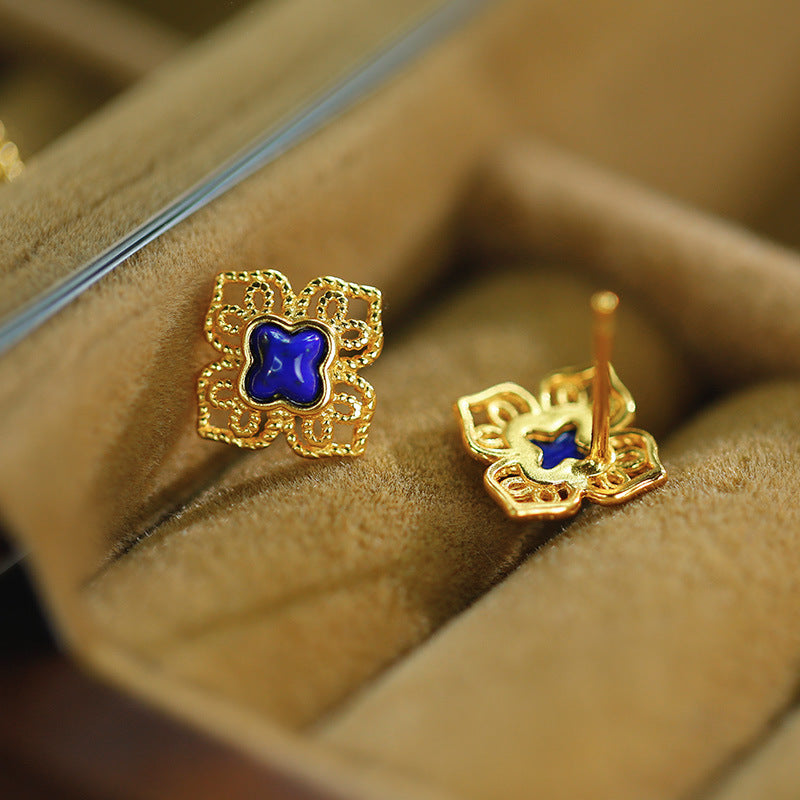 S925 silver plated gold inlaid lapis lazuli hollowed out four leaf clover small earrings