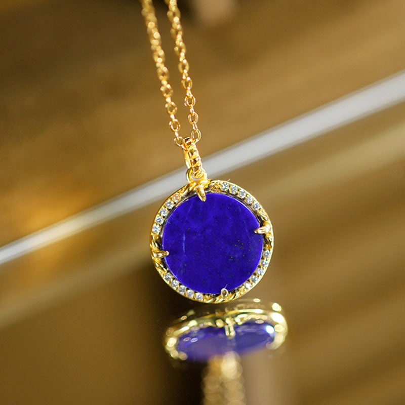 S925 Silver Plated Gold Inlaid Lapis Stone Round Plaque Perfection Necklace