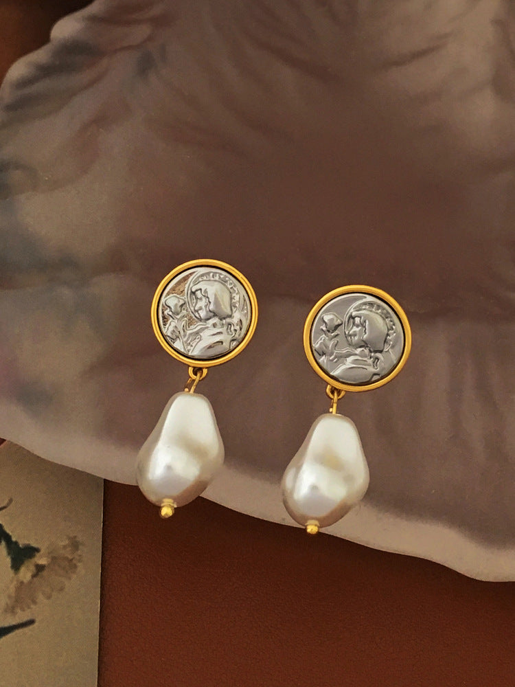 [DF] Boucles d'oreilles à tête humaine rétro personnalisées avec aiguille en argent S925 conçues indépendamment, boucles d'oreilles créatives en perles irrégulières