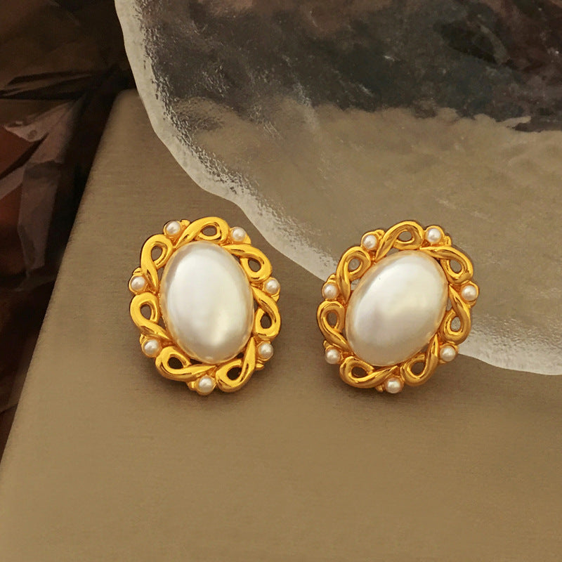 [DF]Original S925 silver needle retro hollow pearl earrings temperament oval earrings elegant palace wind earrings