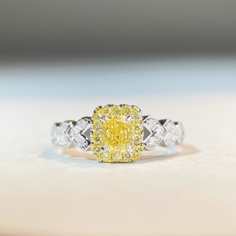 S925 Pure Silver Ring Women's Light Luxury High Grade Four Claw Yellow Diamond Small Sugar Diamond Ring