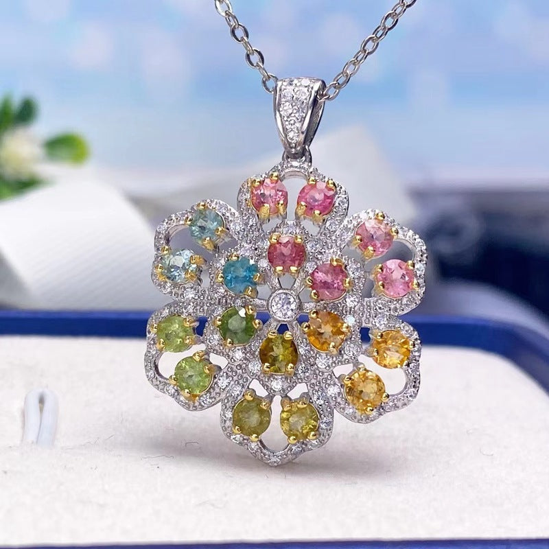 Natural tourmaline pendant inlaid with S925 silver colorful necklace