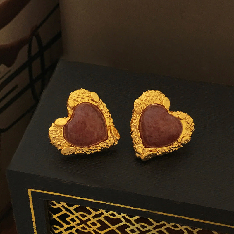 [DF] Pendientes de botón con forma de corazón de amor de piedra natural rosa suave con temperamento de aguja de plata S925 originales, pendientes de nicho de estilo Hong Kong de primera calidad