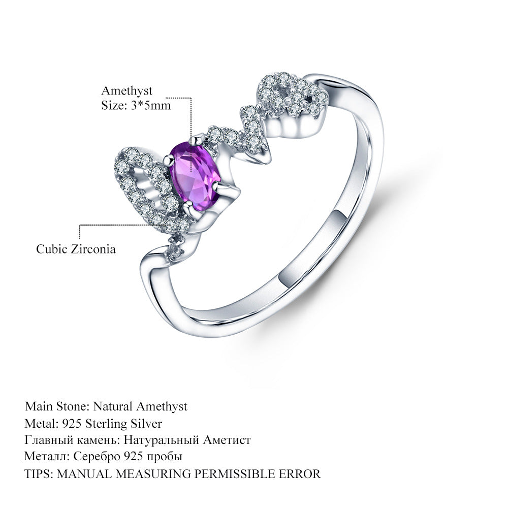 Anillo de amatista para mujer en plata de ley 925 con incrustaciones de tesoros naturales y coloridos con la letra LOVE