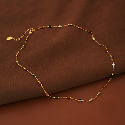 [DF]Copper plated real gold, vintage color beaded niche design bracelet necklace summer resort style natural stone collarbone chain