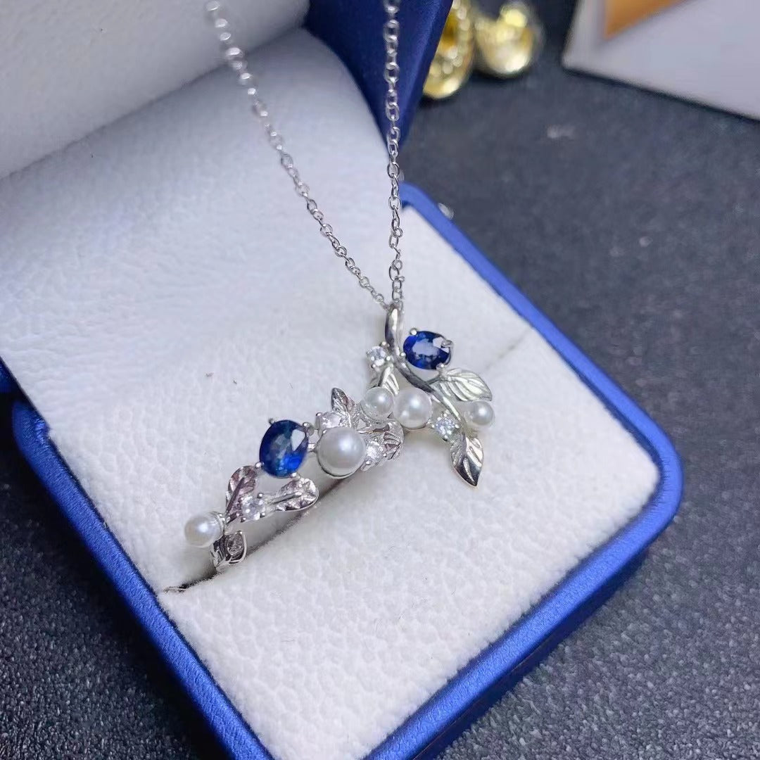 [DF]Natural Sapphire Set with Small Pearl Accents - 925 Silver Setting, French-inspired Ring and Pendant Duo for Women