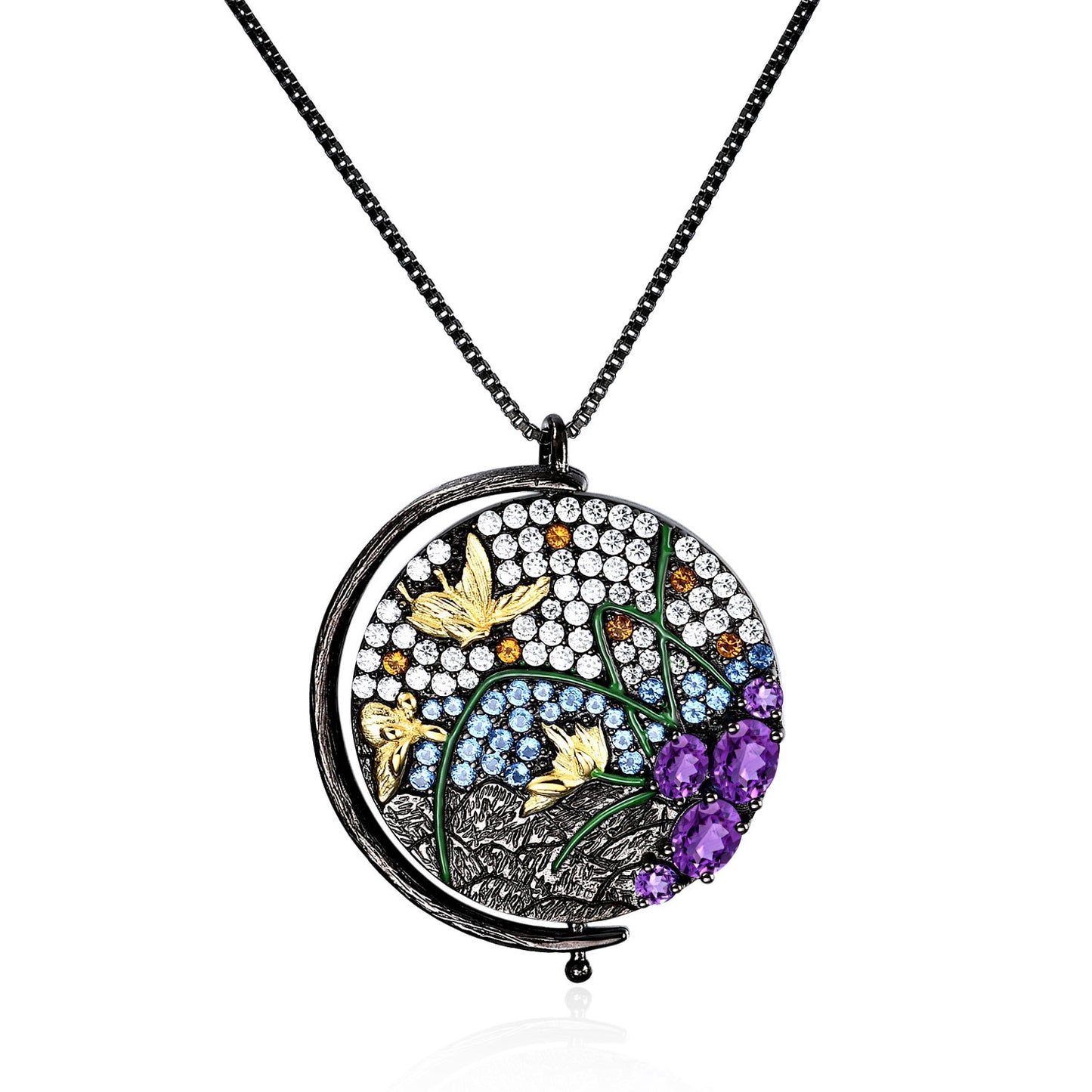 Pendentif de collier de pierres précieuses colorées incrustées d'argent 925 à Motif de vent naturel