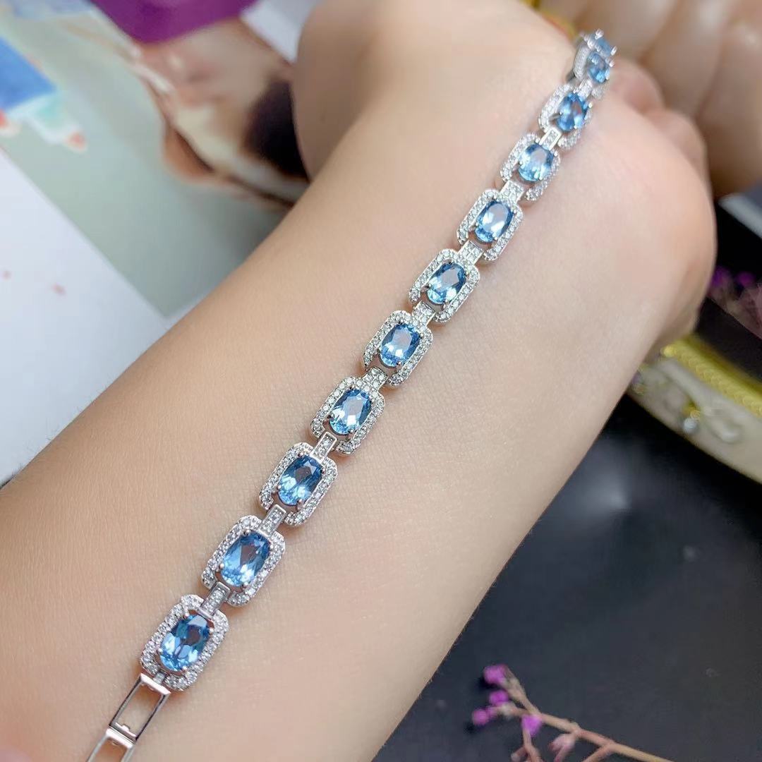 Bracelet topaze bleue naturelle, bracelet rétro incrusté d'argent 925 pour femmes