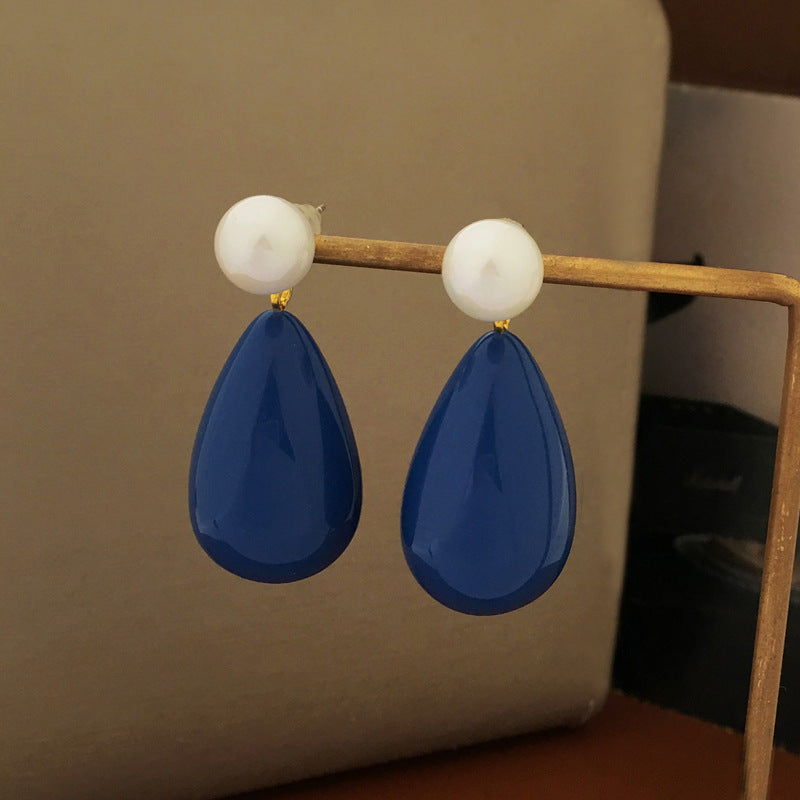 [DF]S925 silver needle retro blue drop-shaped earrings elegant and simple pearl earrings niche antique earrings