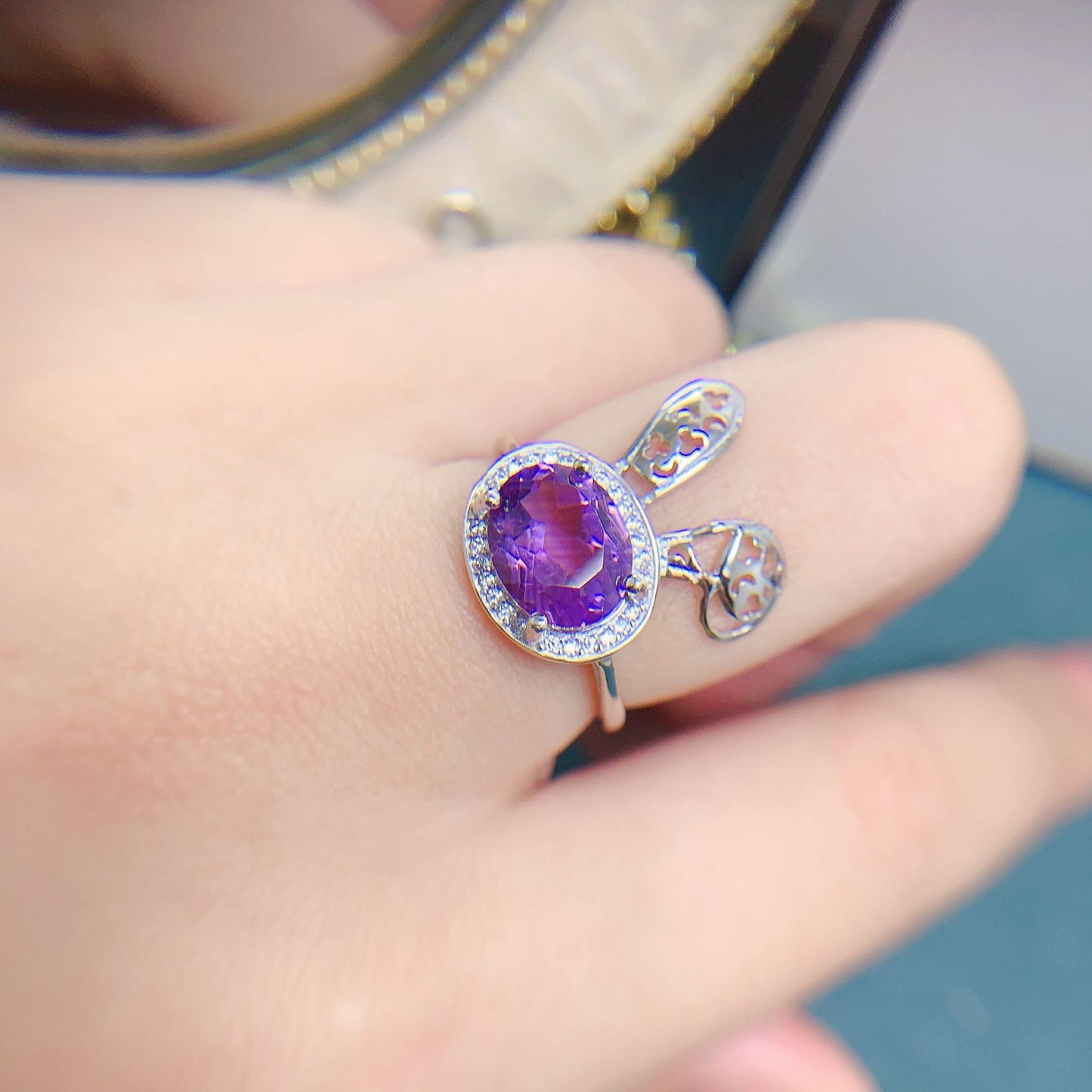 Natural Brazilian Amethyst Ring Pendant Set 925 Silver Precision Inlaid Rabbit