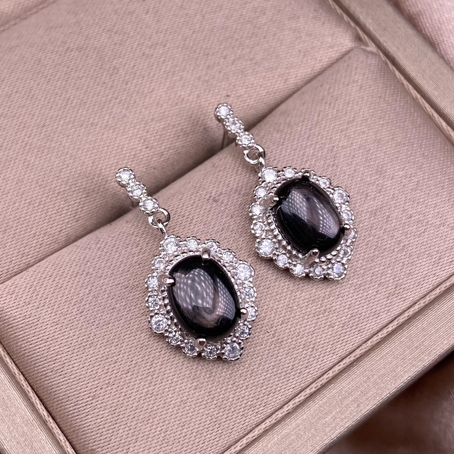 Aquamarine powder crystal grey moonlight  black shell earrings s925 silver inlay