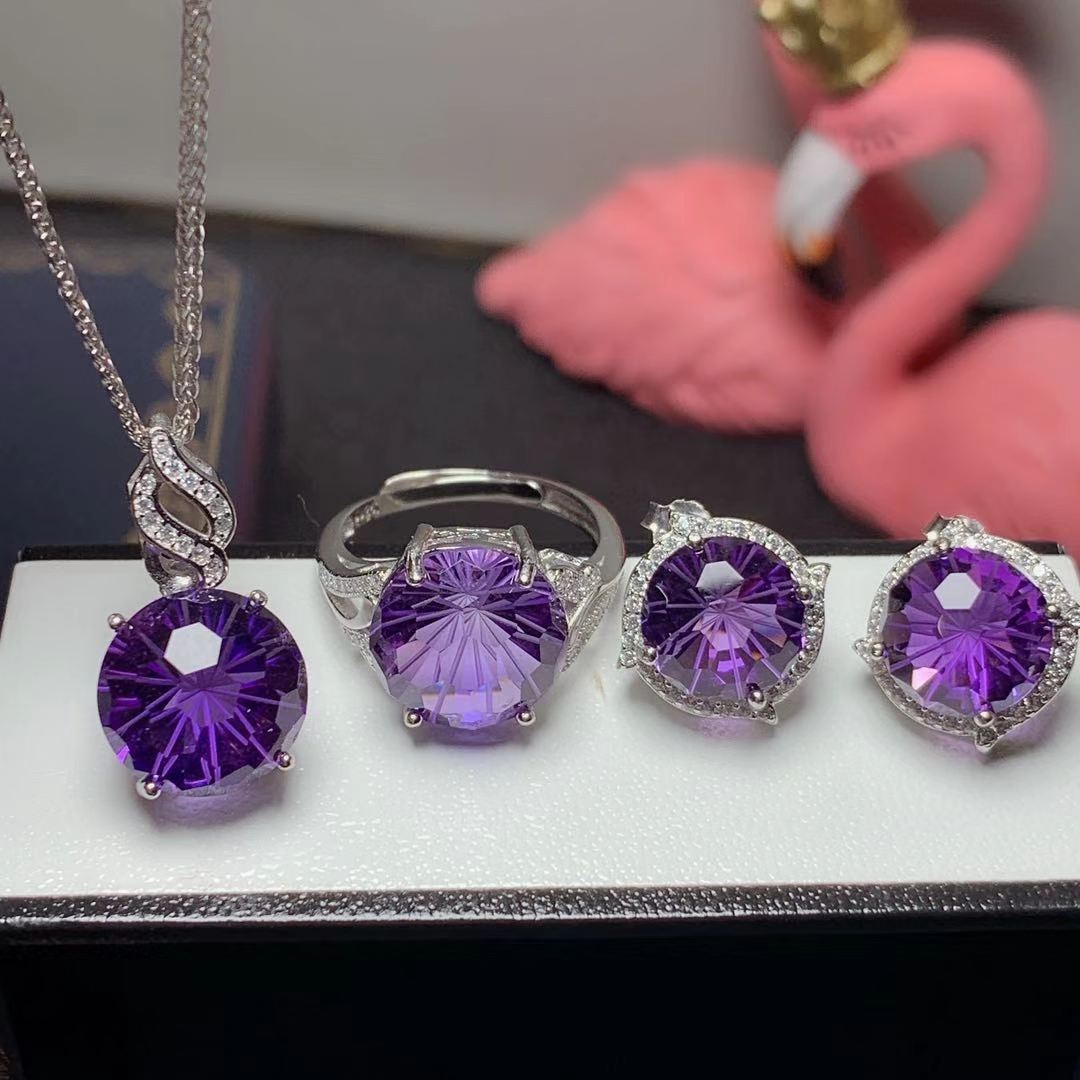 Amethyst Ring pendant earrings set with 925 silver inlay