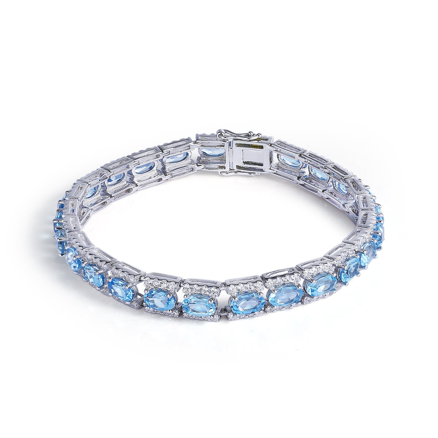 Pulsera de topacio azul suizo natural para mujer, pulsera de plata de ley S925 de lujo con incrustaciones de color natural