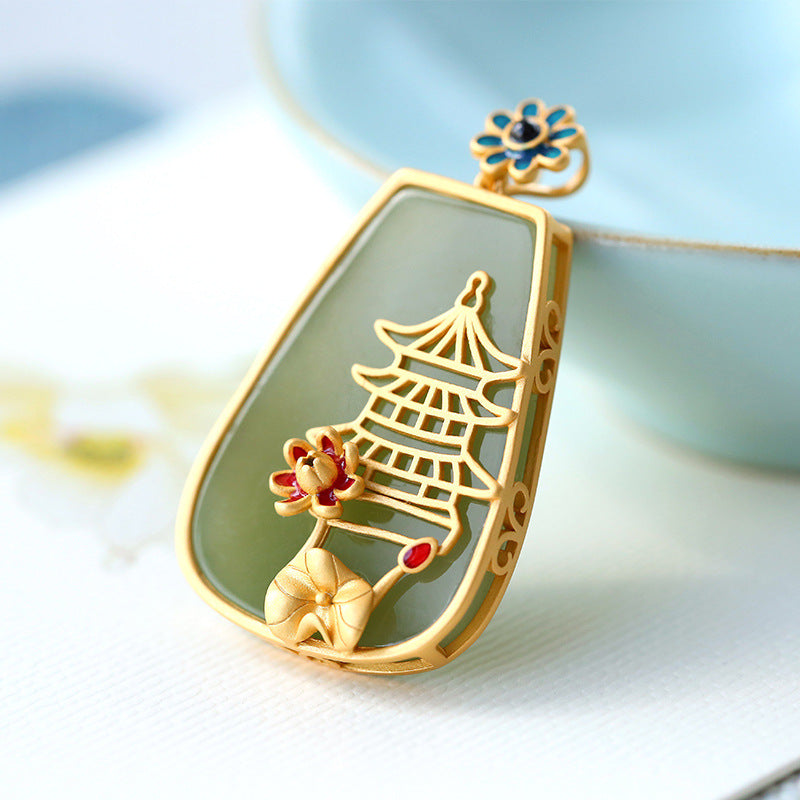 S925 Silver Plated Gold Inlaid Hetian Qingyu Wushi Plate Pendant