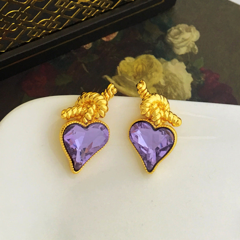 [DF]Copper plated gold S925 silver needle fairy purple zircon love earrings personalized knot design new earrings