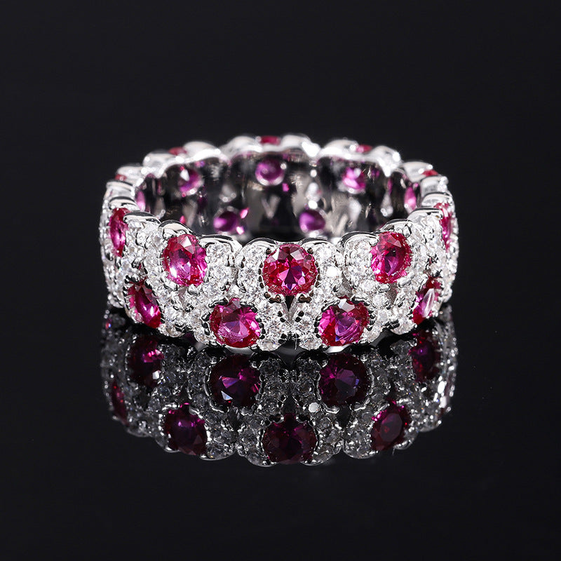 Handcrafted S925 Silver Ring with Simulated Red Ruby and Diamond Accent