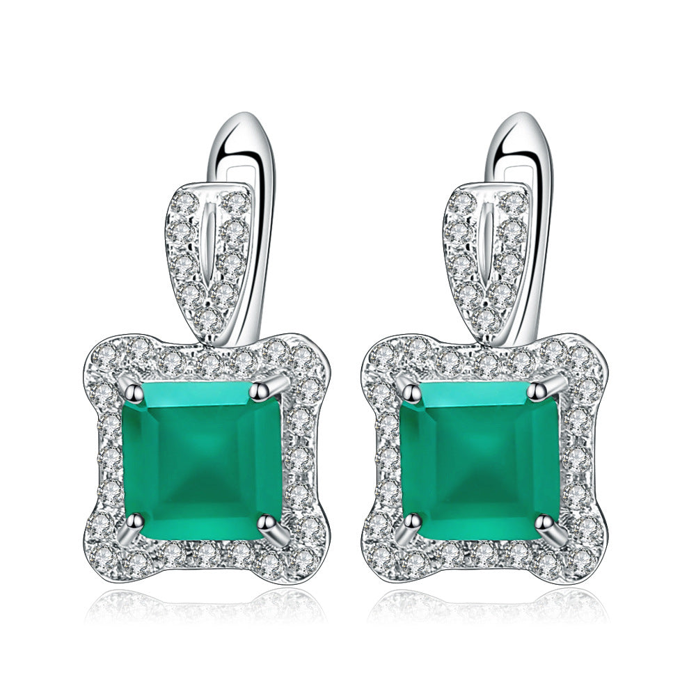 Pendientes de temperamento de ágata verde de piedra natural, pequeños pendientes de cristal con incrustaciones de gemas de colores y fragancia s925 en plata