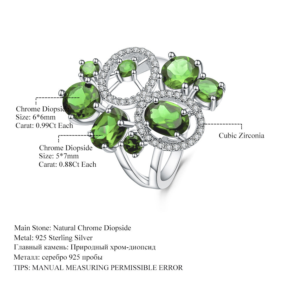 Light luxury design, natural diopside ring, fashionable and high-end, s925 sterling silver inlaid with natural color treasure ring