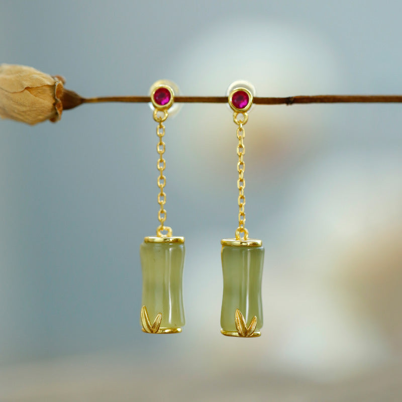 S925 silver inlaid green jade bamboo drop earrings