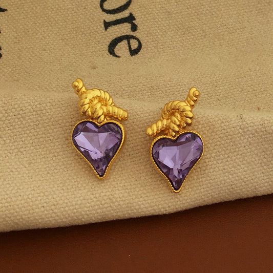 [DF]Copper plated gold S925 silver needle fairy purple zircon love earrings personalized knot design new earrings