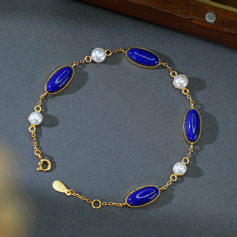 Bracelet en perles de lapis-lazuli plaqué or, argent S925