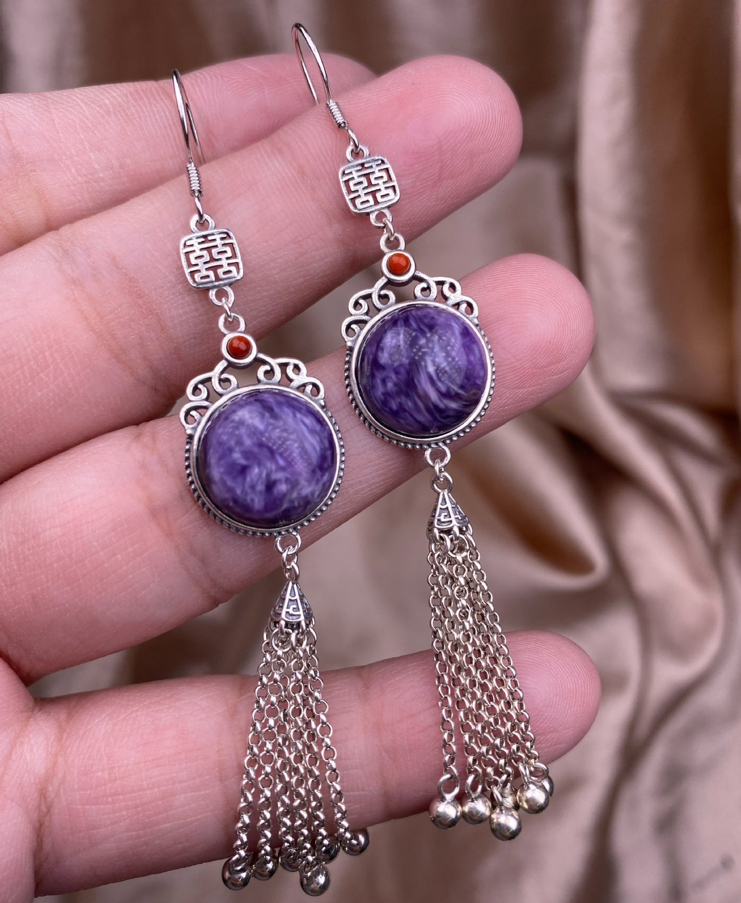 Purple Dragon Amethyst Bai Bei Powder Amethyst Earrings s925 silver inlaid vintage tremella hook exquisite earrings.