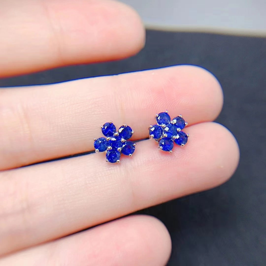 [DF]Natural Sri Lanka sapphire stud earrings classic small flower with 925 silver inlay