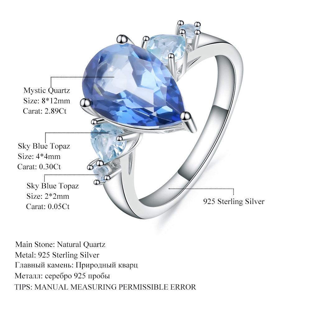 Colored crystal ring with fashionable and high-end feel s925 silver inlaid colored gemstone ring