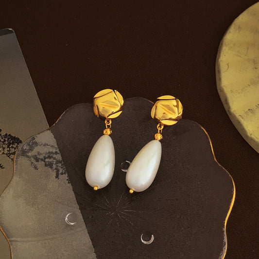 [DF]Copper plated gold S925 silver needle fashion baroque earrings simple retro drop pearl earrings earrings