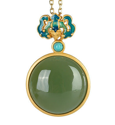 Collier en argent plaqué or S925, incrustation de cabochon de jade vert Hetian, atmosphère à la mode