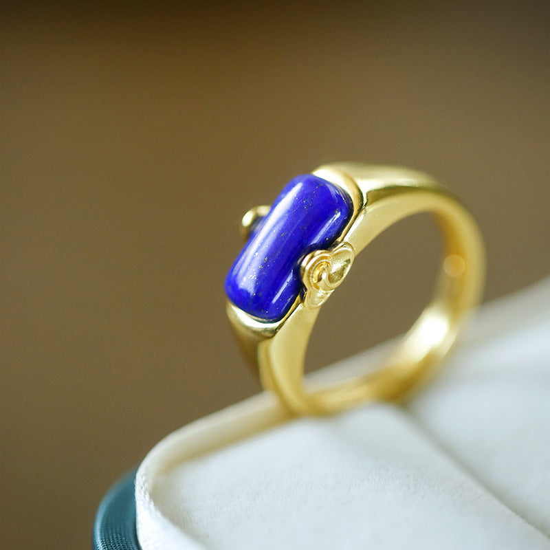 Bague ouverte exquise en Lapis lazuli, plaqué argent et or incrusté d'or S925